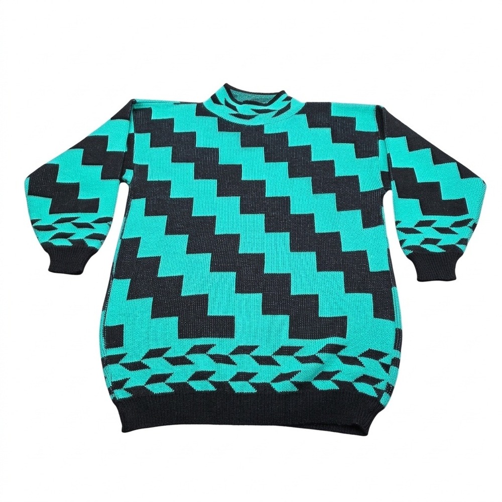 Vintage Keren Teal Black Geometric Zigzag Mock Neck Sweater Made in USA Mens L